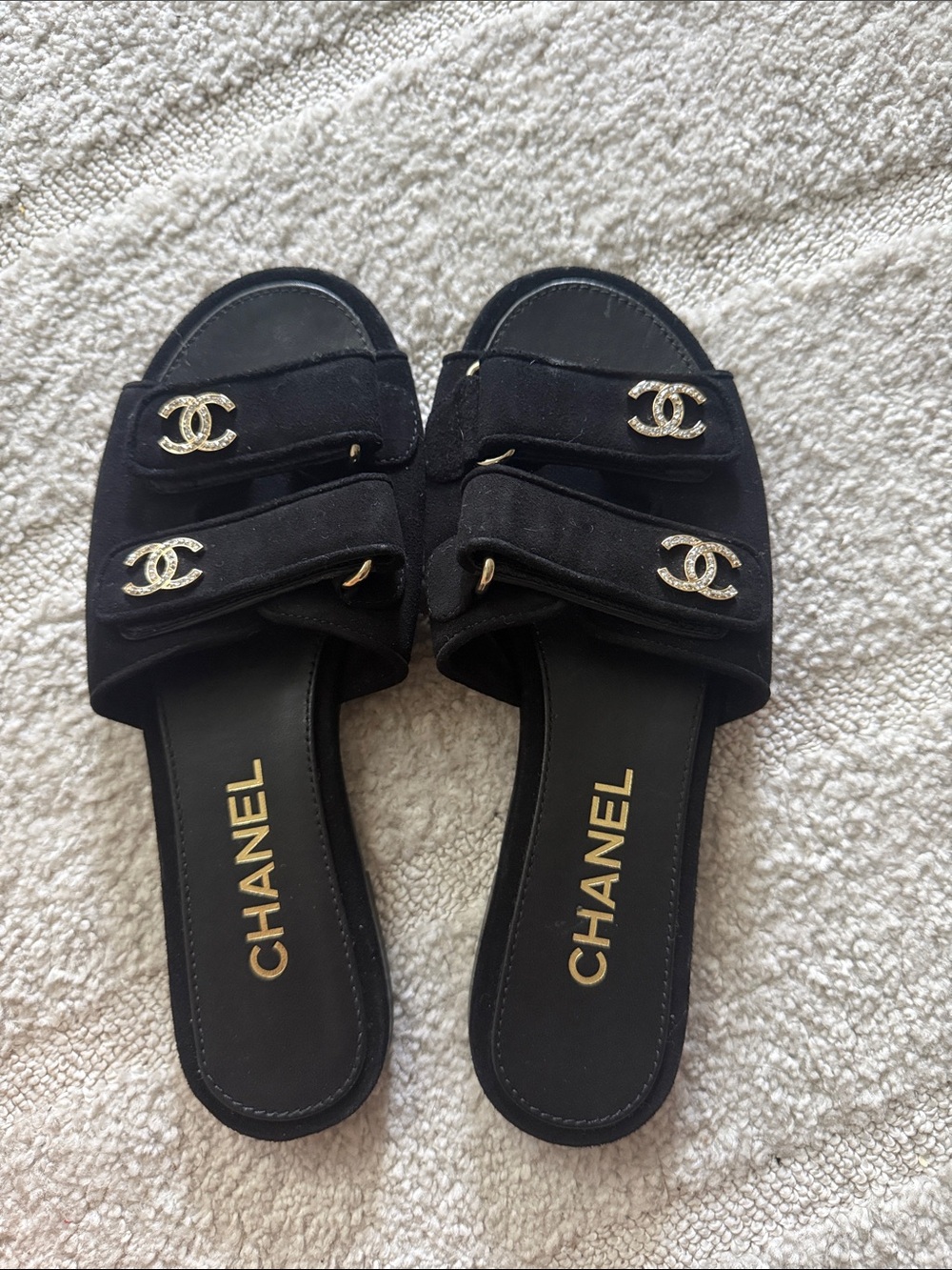 CHANEL Black Suede Double-Strap Slide Mules with Gold CC Hardware